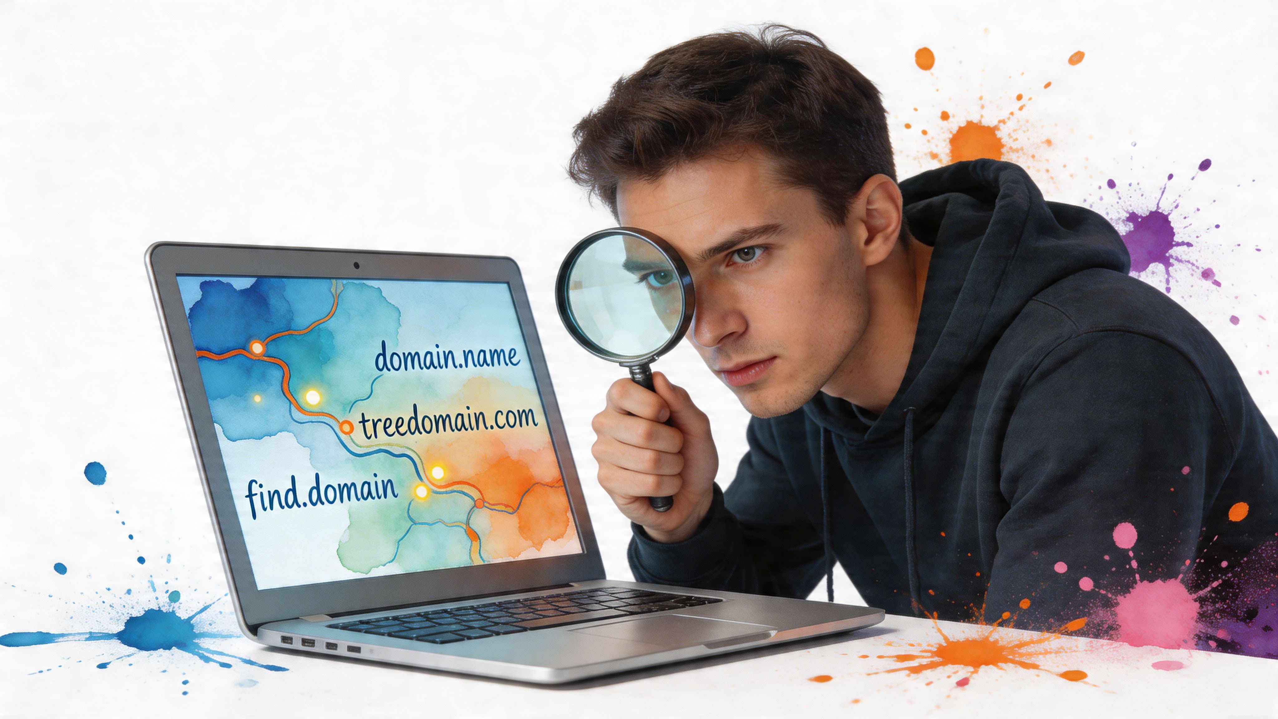 A young man looking through a magnifying glass at a laptop screen displaying domain name options.