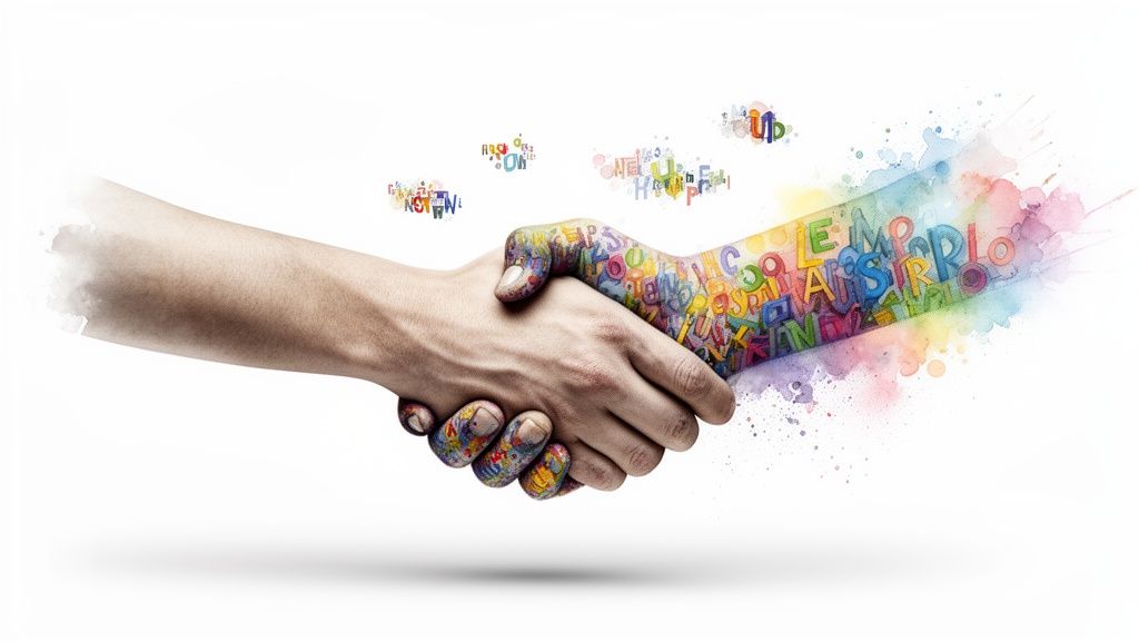 Two hands shaking, one normal, the other a vibrant splash of colorful letters and words, symbolizing creativity and collaboration.