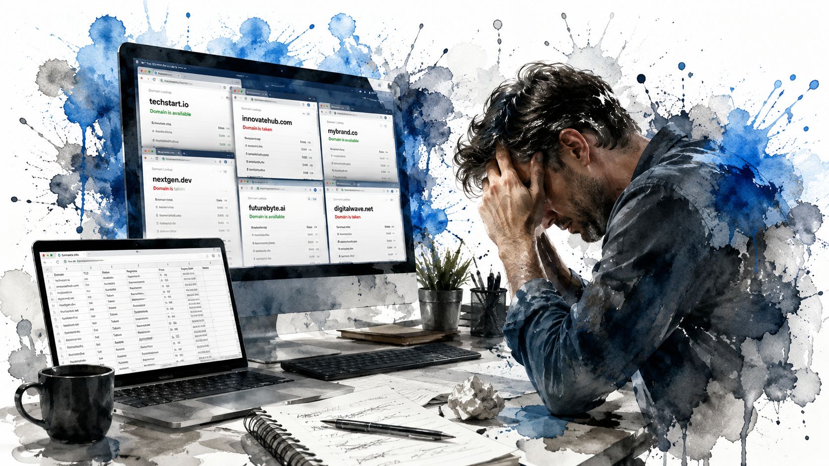A frustrated man at a desk surrounded by computer screens displaying domain availability search results and data.