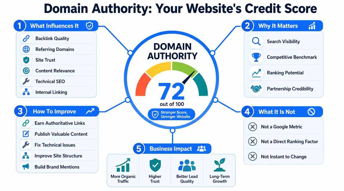 An infographic titled Domain Authority explaining its factors, importance, how to improve, and its business impact.
