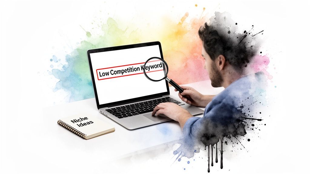 Man researching 'Low Competition Keyword' on a laptop, with 'Niche Ideas' notebook nearby.