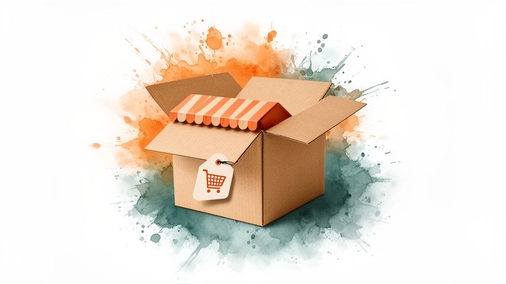 A cardboard box with a miniature store awning inside and a shopping cart tag, against a watercolor background.