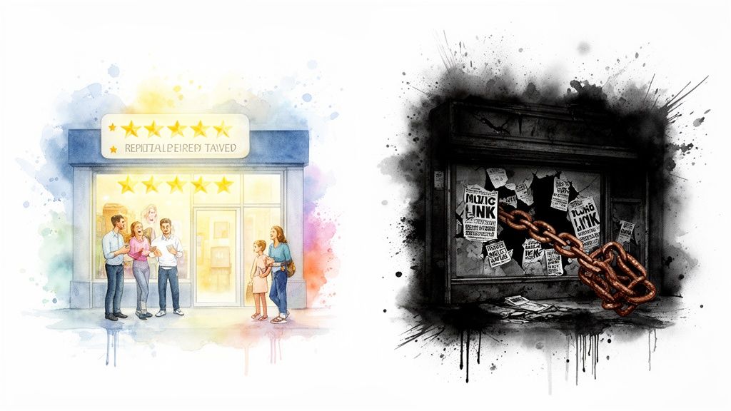 Comparison of a successful 5-star business versus a toxic, broken, dark building with chains.