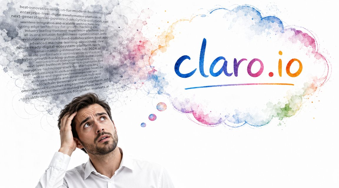 A pensive man thinking about domain names represented by a cloud illustration with the text claro.io.
