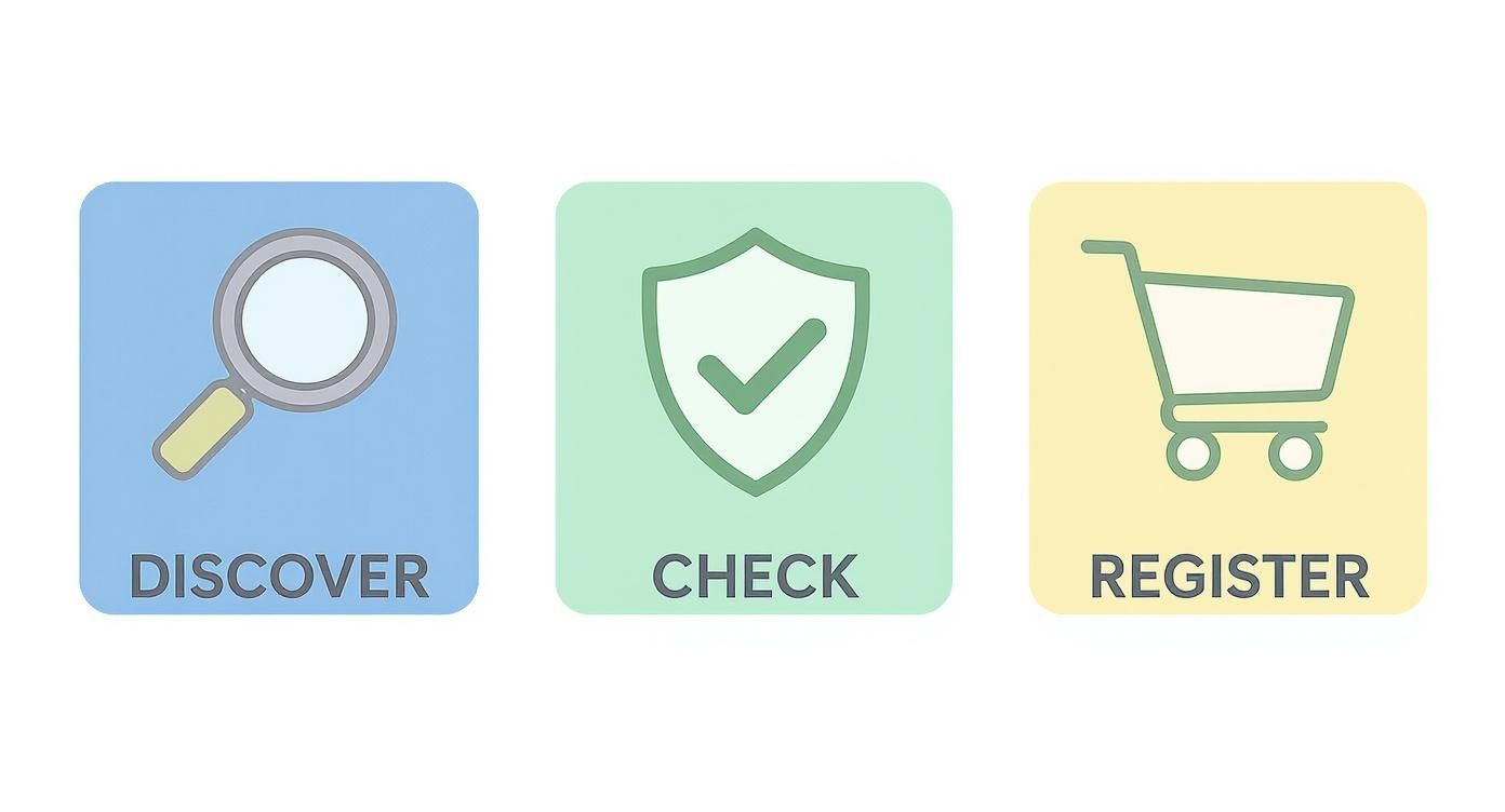 Three icons depicting a process: discover with a magnifying glass, check with a shield, and register with a shopping cart.
