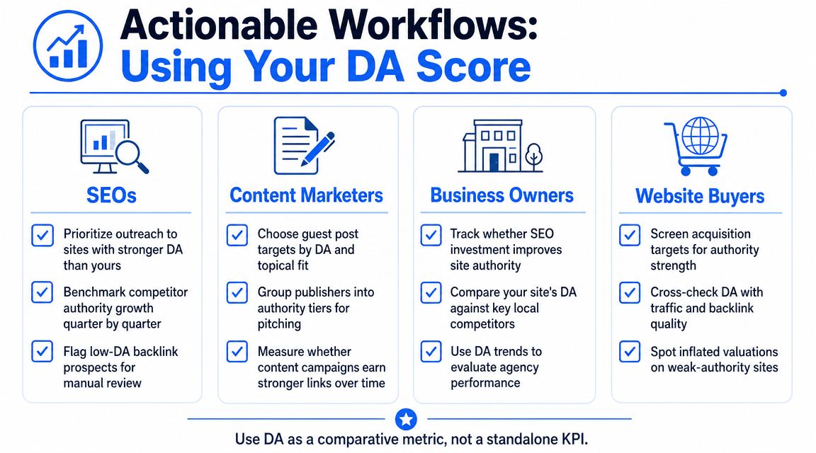 A chart showing actionable workflows for using domain authority scores for SEOs, content marketers, owners, and buyers.