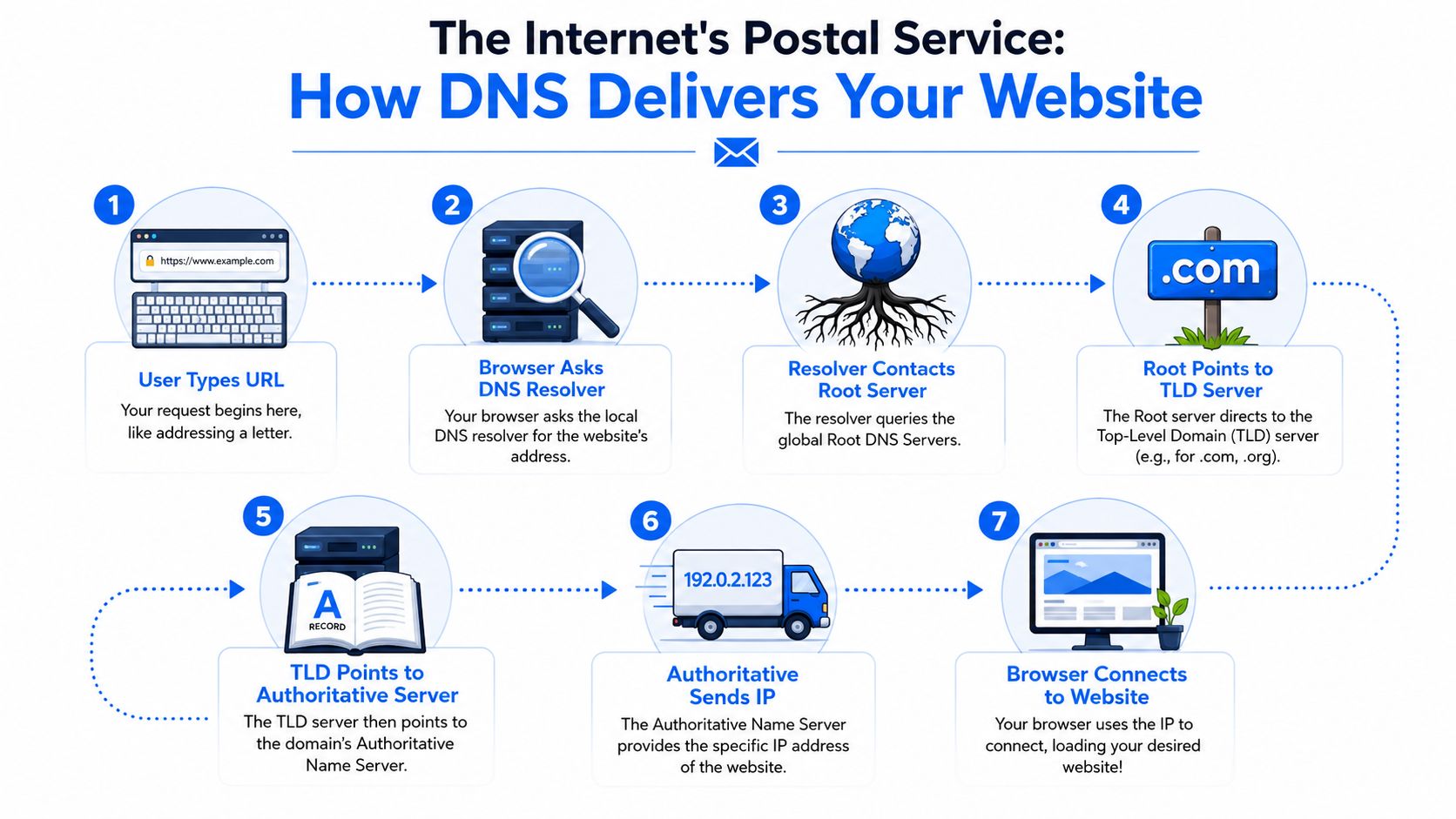 An infographic diagram illustrating the seven steps of how the DNS process delivers a website to users.