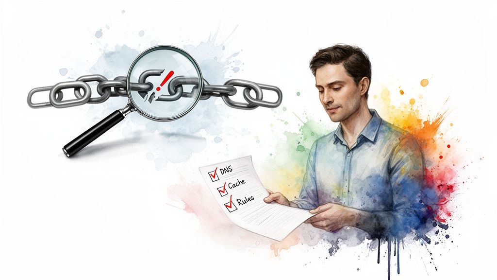 Man troubleshooting a broken link using a magnifying glass while reviewing a checklist with DNS, Cache, and Rules.