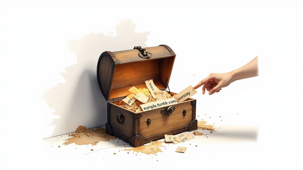 A hand selects a tag from an open treasure chest filled with paper slips, one reading "example.tumblr.com".
