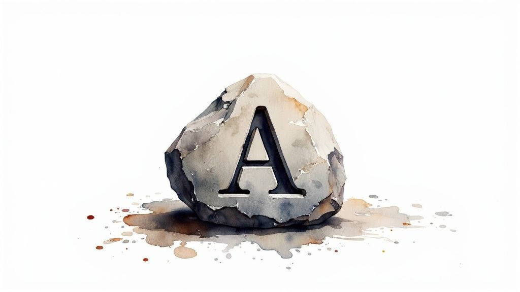 A textured, gray watercolor stone with the letter A carved into its center, on a white background.