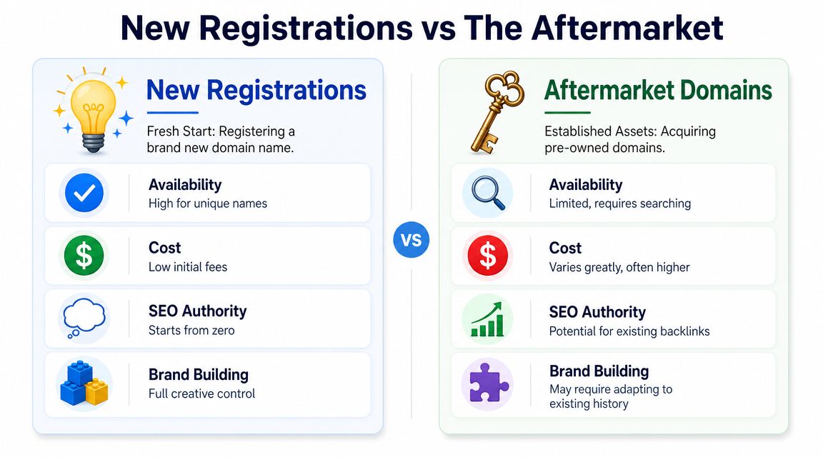 A comparative infographic displaying the differences between registering new domain names and purchasing existing aftermarket domains.