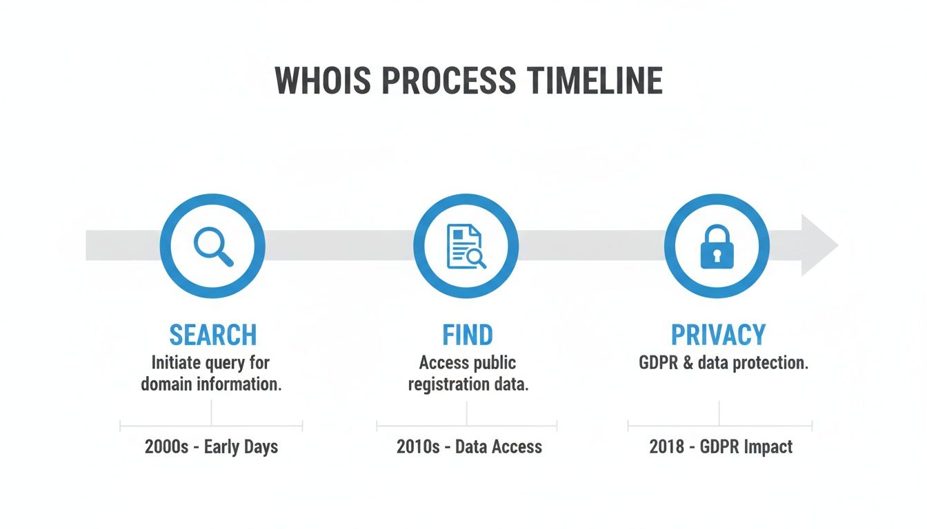 Timeline illustrating the evolution of WHOIS, from early domain search to GDPR impact on privacy.