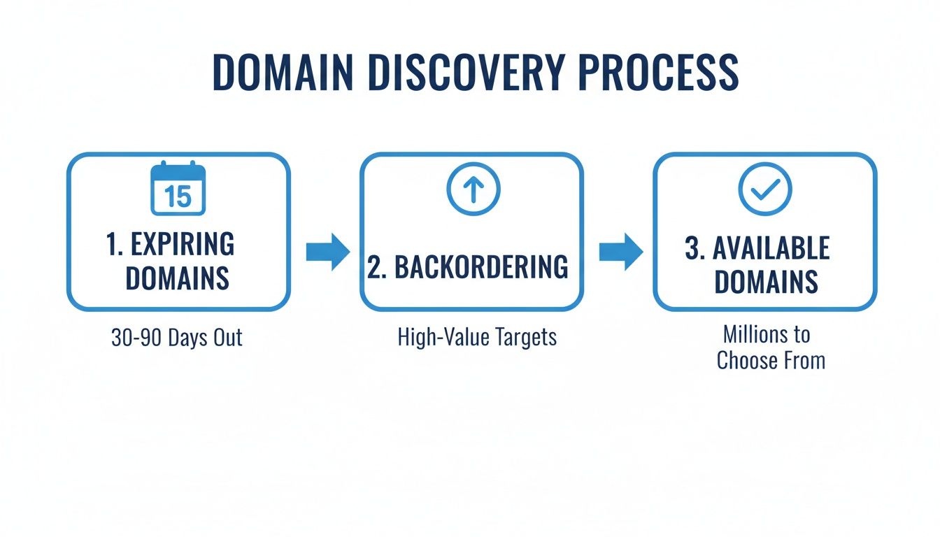 A three-step domain discovery process: expiring, backordering, and available domains workflow.