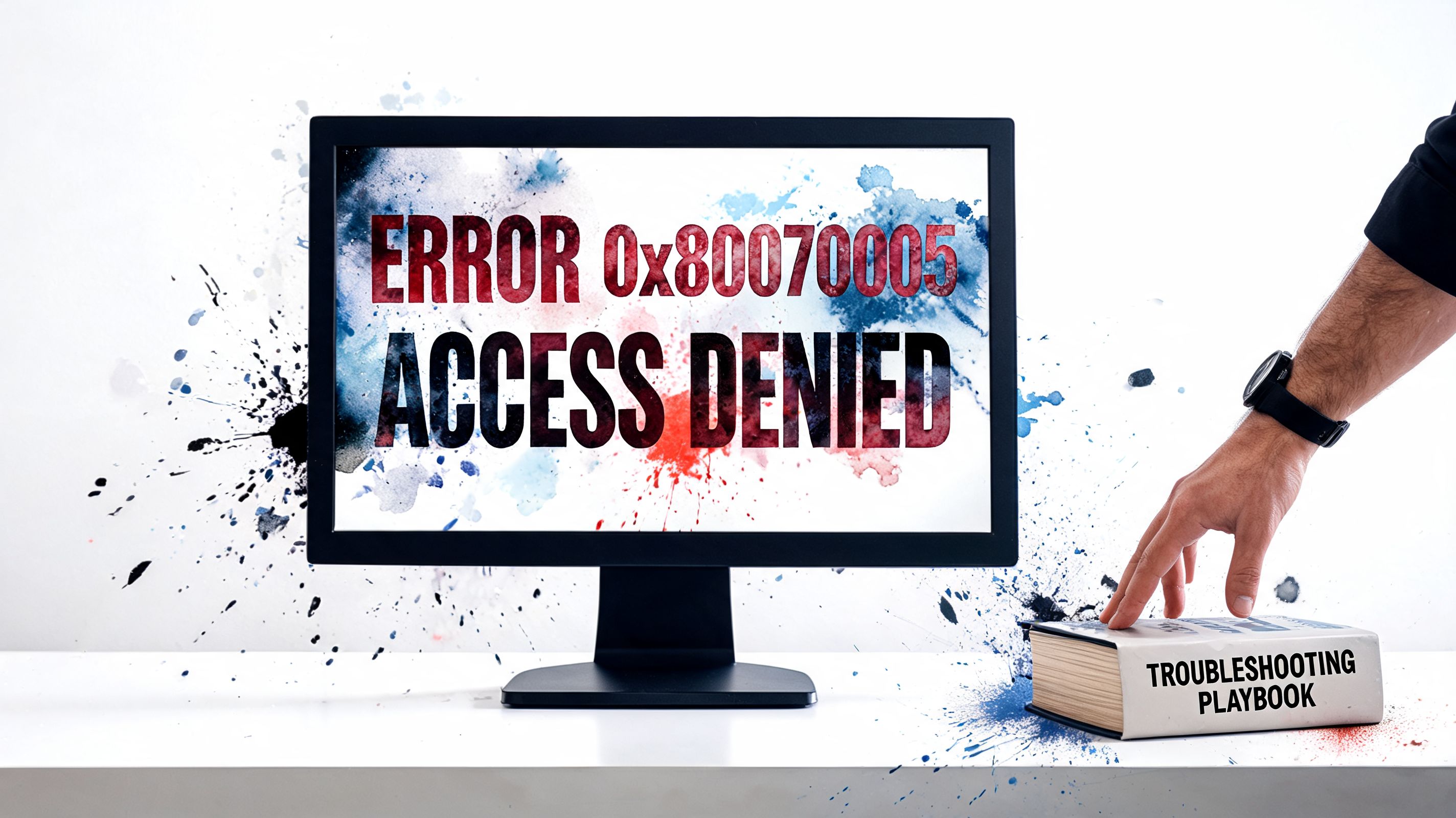 A computer monitor displaying an access denied error message next to a troubleshooting playbook on a desk.