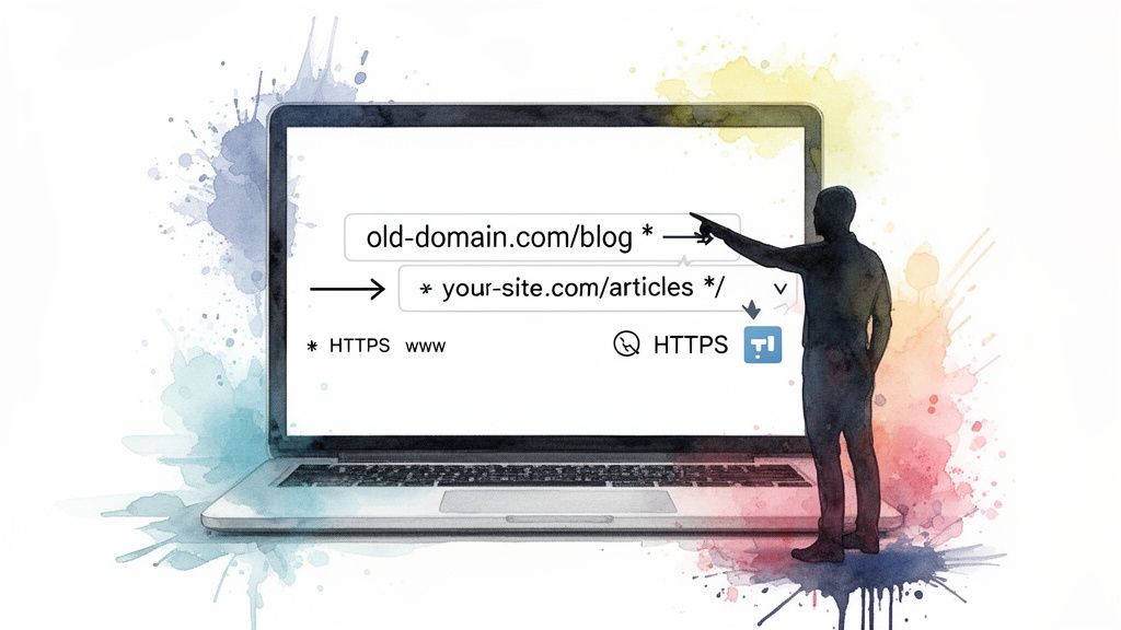 A person points to a laptop displaying Cloudflare URL redirection settings for domain migration.