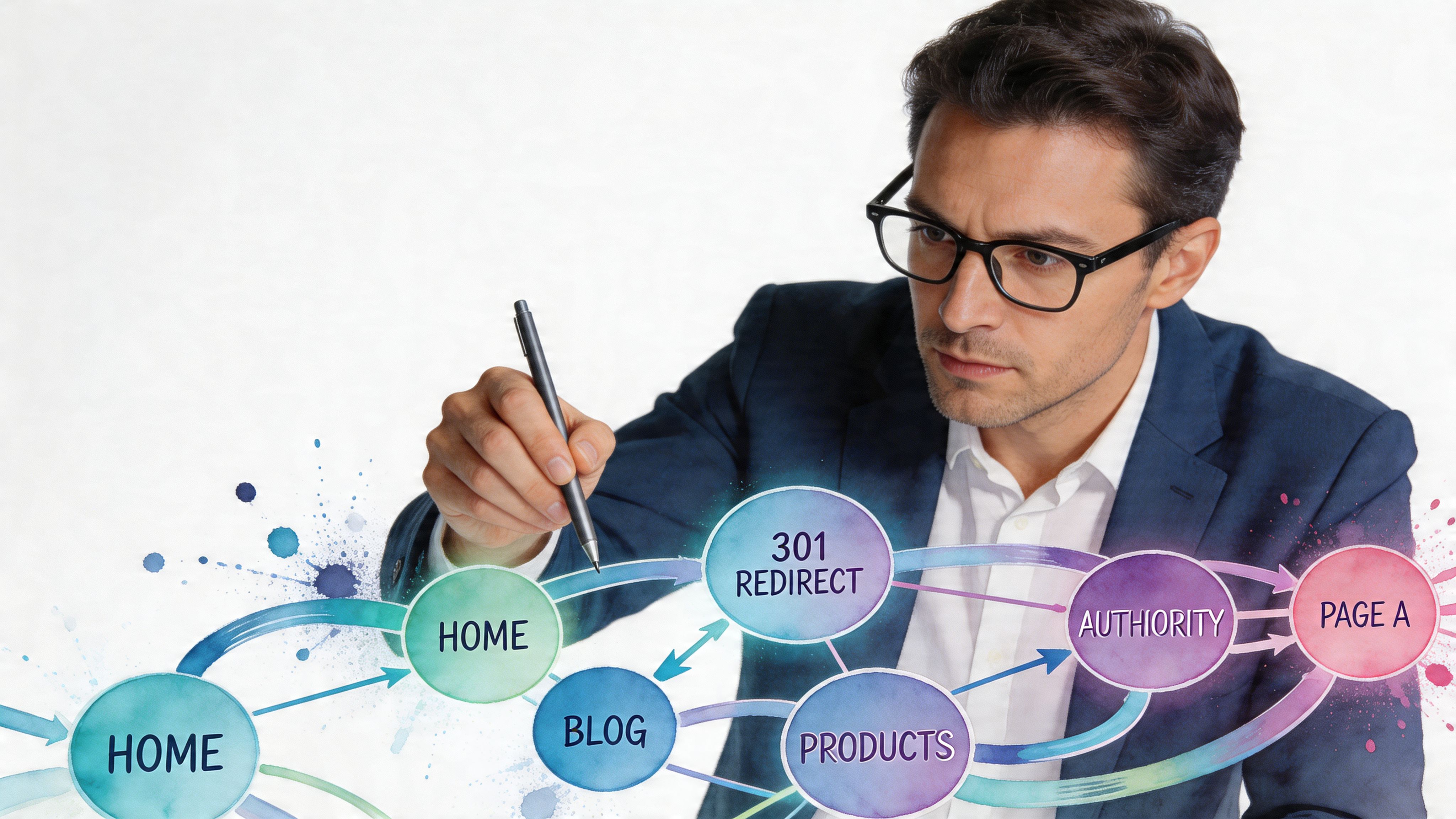 A professional man strategically mapping out website site architecture and 301 redirects for domain changes.