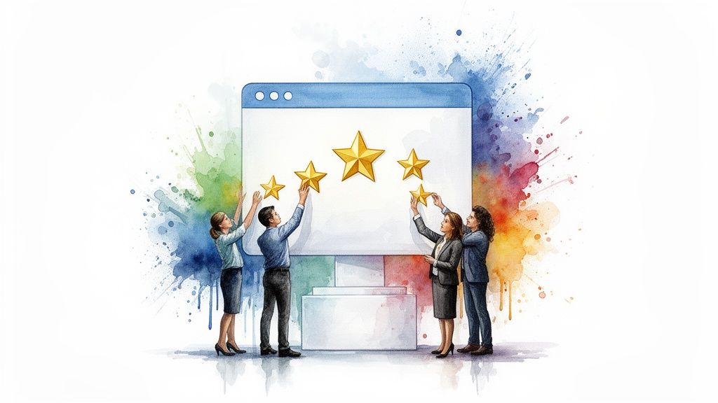 Team of four people placing golden stars on a large browser screen with watercolor background.