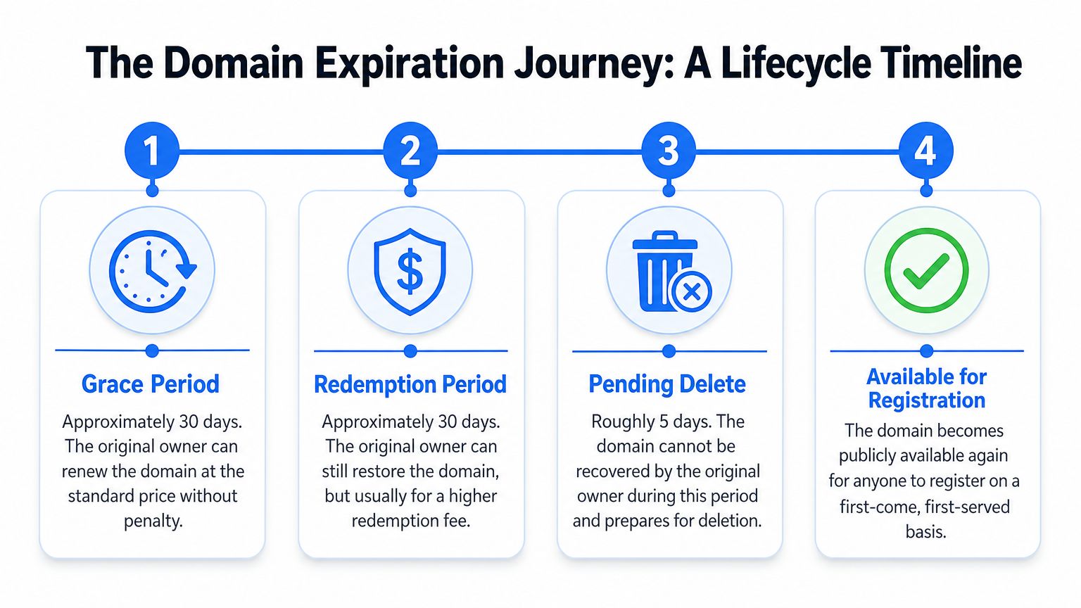 A four-step infographic illustrating the domain expiration lifecycle from the grace period to public registration availability.