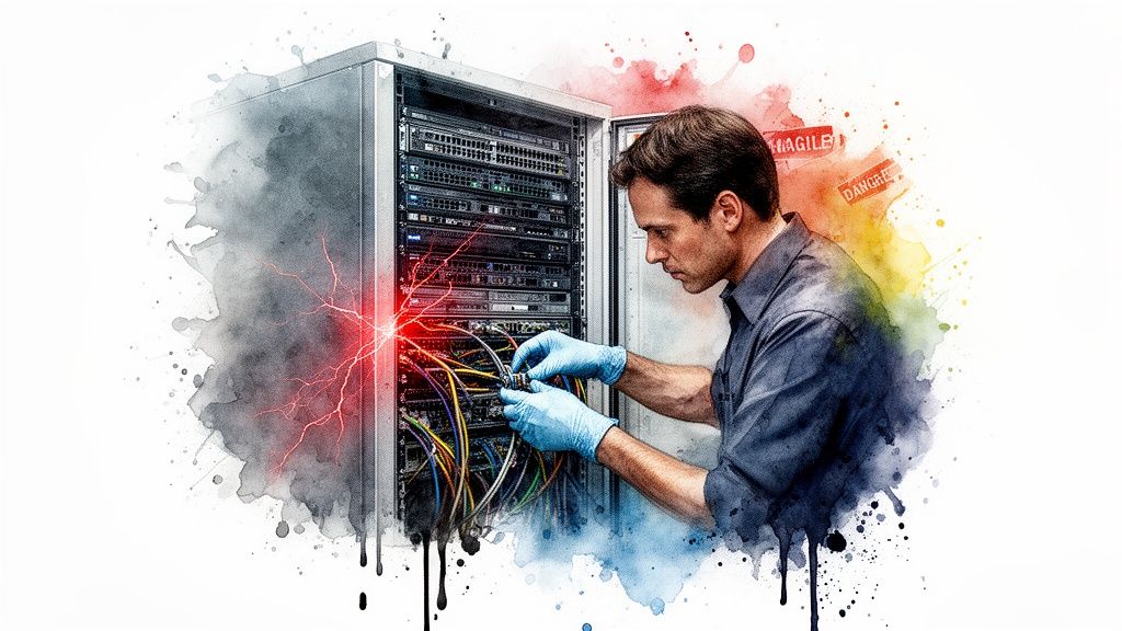 A technician wearing blue gloves works on server rack cables with a artistic watercolor effect overlay.