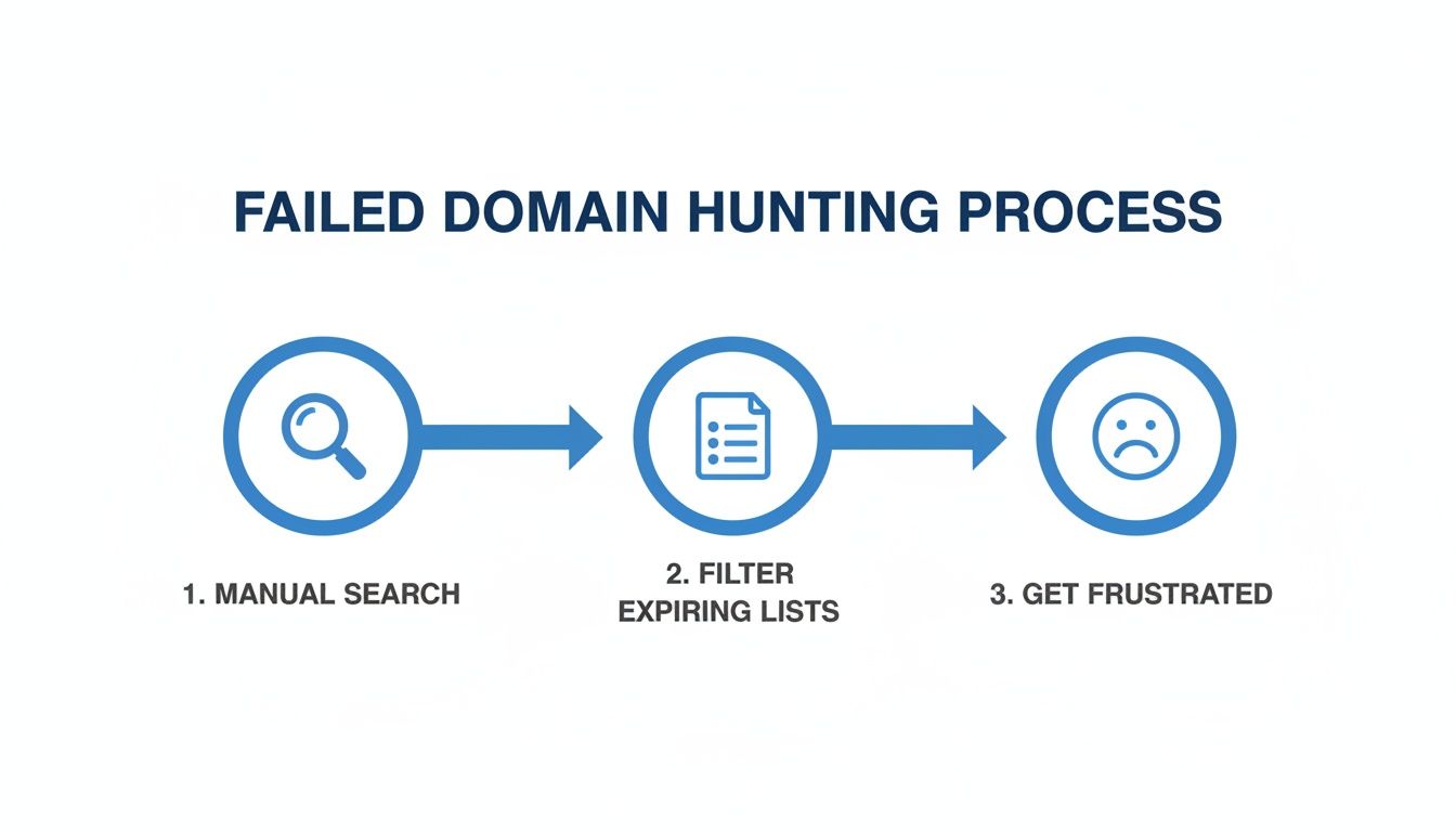 Flowchart illustrating the failed domain hunting process: manual search, filtering expiring lists, and frustration.