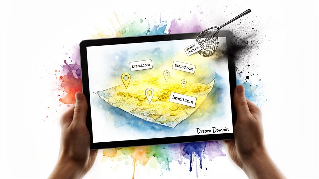 A person holding a tablet displaying a watercolor map with coins, domain names, and a net catching one.