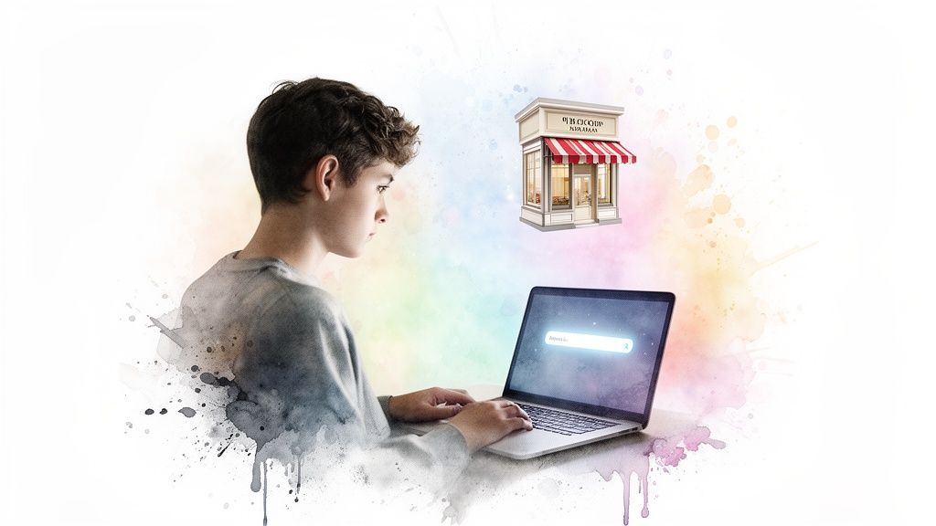 A young person searches on a laptop with a search bar, a virtual grocery store floating above.