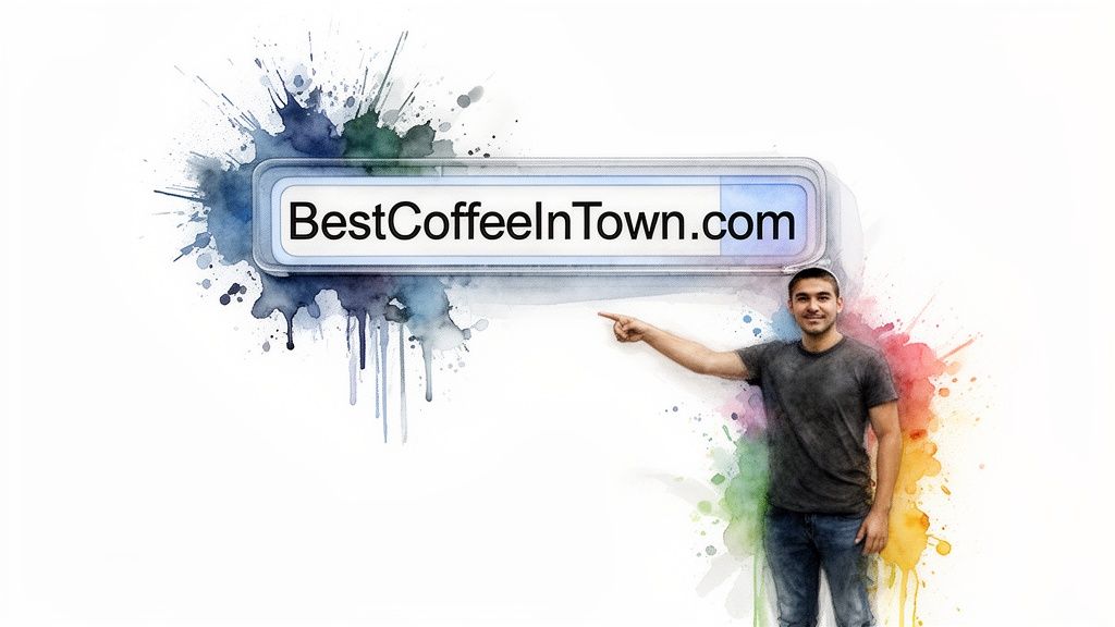 A man points to a search bar displaying 'BestCoffeeInTown.com' against a colorful watercolor background.
