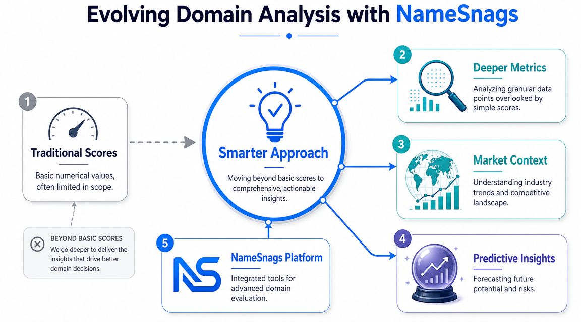An infographic illustrating how NameSnags evolves domain analysis beyond traditional scores through smarter, comprehensive, and actionable insights.