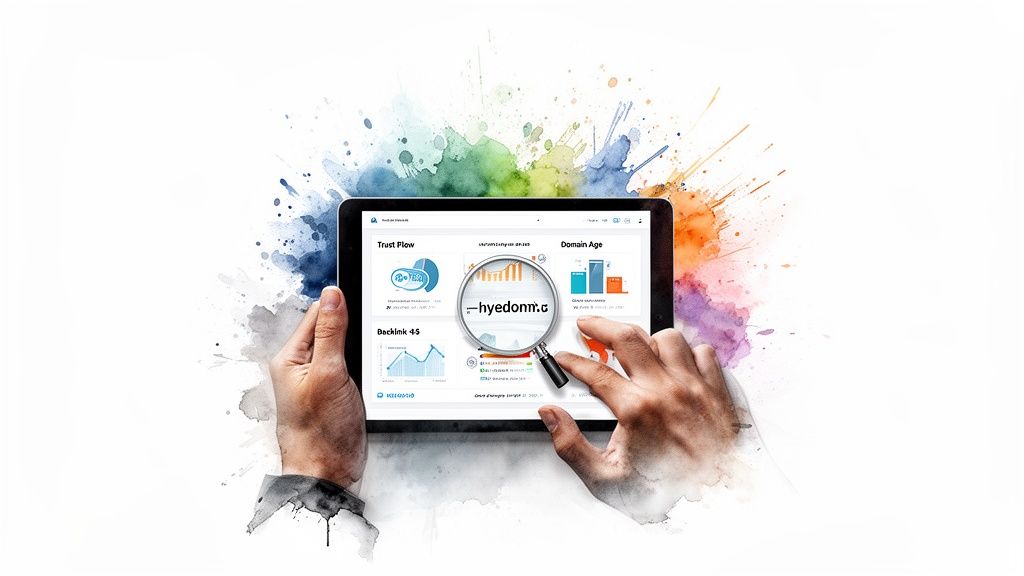 Hands hold a tablet displaying an SEO dashboard with charts and a magnifying glass.