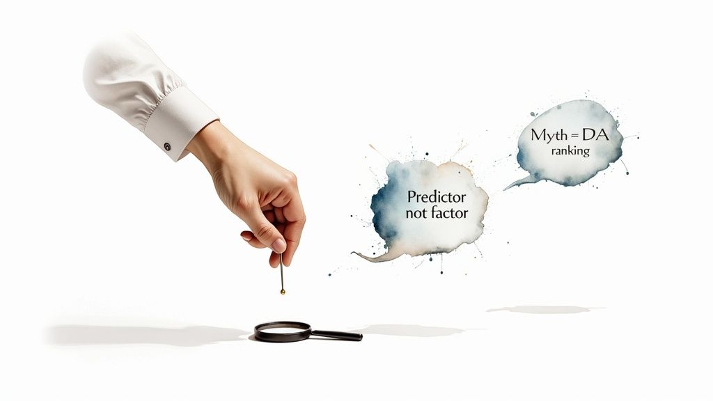 A hand drops a pin over a magnifying glass, illustrating concepts 'Predictor not factor' and 'Myth = DA ranking'.