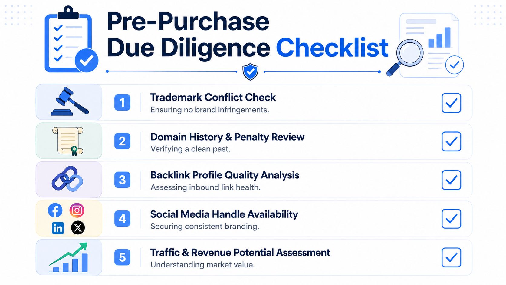 A checklist infographic detailing the five essential steps for conducting pre-purchase due diligence for digital assets.