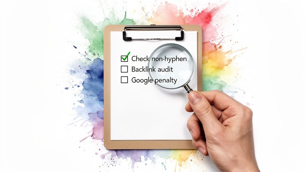 Hand holding magnifying glass over a checklist with 'Check non-hyphen' marked, along with 'Backlink audit' and 'Google penalty' items.