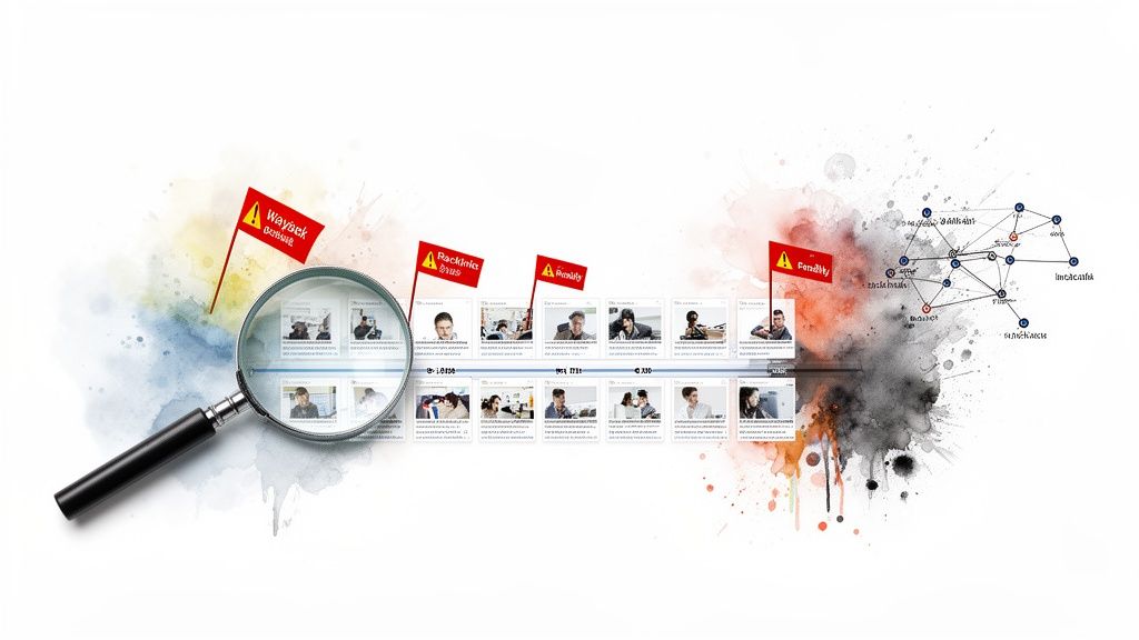 A magnifying glass inspects a digital timeline with red flags and a complex network diagram.