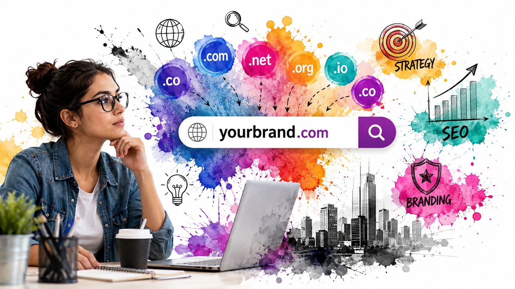 A woman looks at a search bar displaying various domain name extensions with creative digital marketing illustrations.