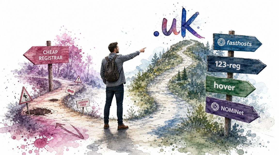 A traveler deciding between a risky cheap path and a clear path toward .uk domain registration