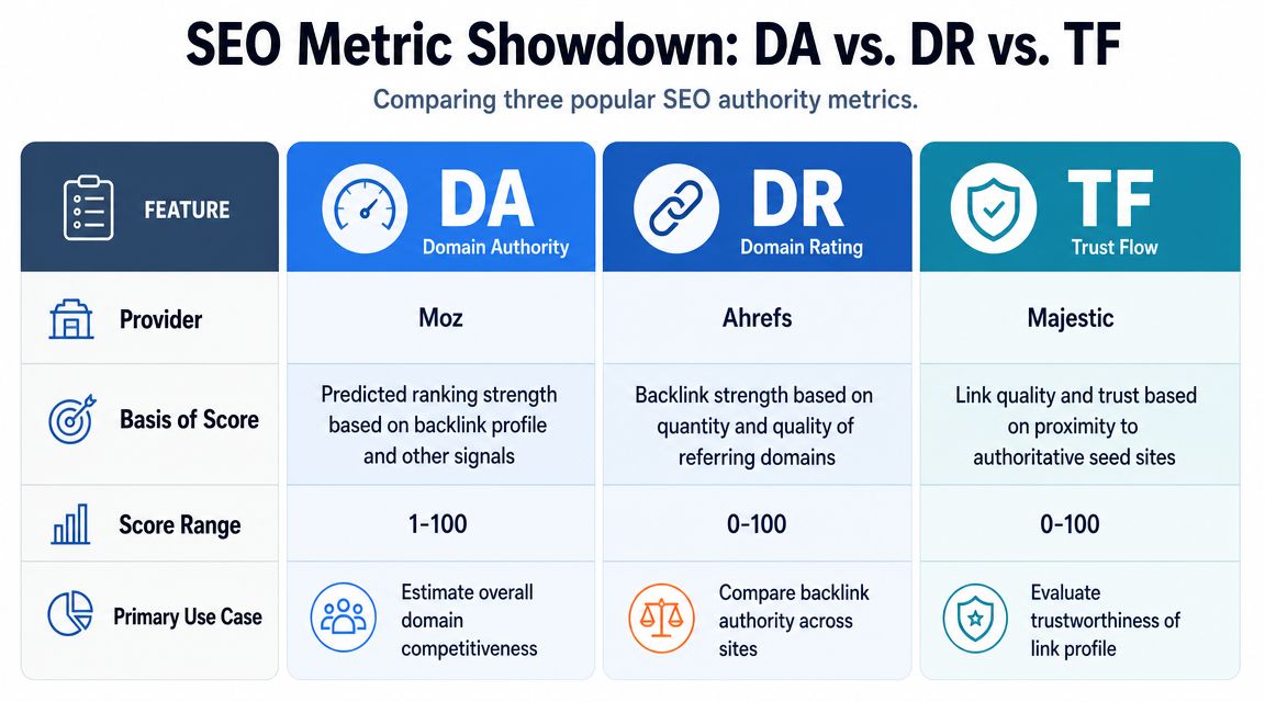 A comparison table outlining key differences between SEO metrics Domain Authority, Domain Rating, and Trust Flow.