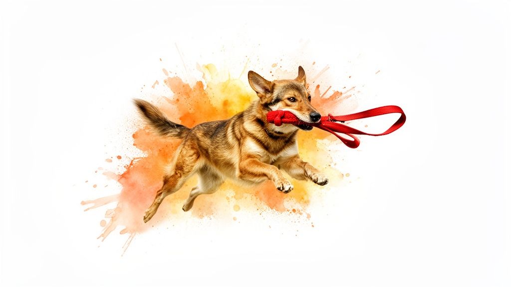 A playful brown dog with a red leash in its mouth jumps through an orange watercolor splash.
