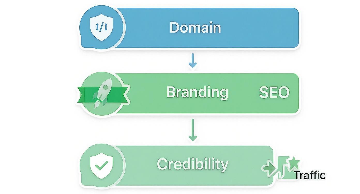 Flowchart showing steps: Domain to Branding and SEO, leading to Credibility and Traffic.