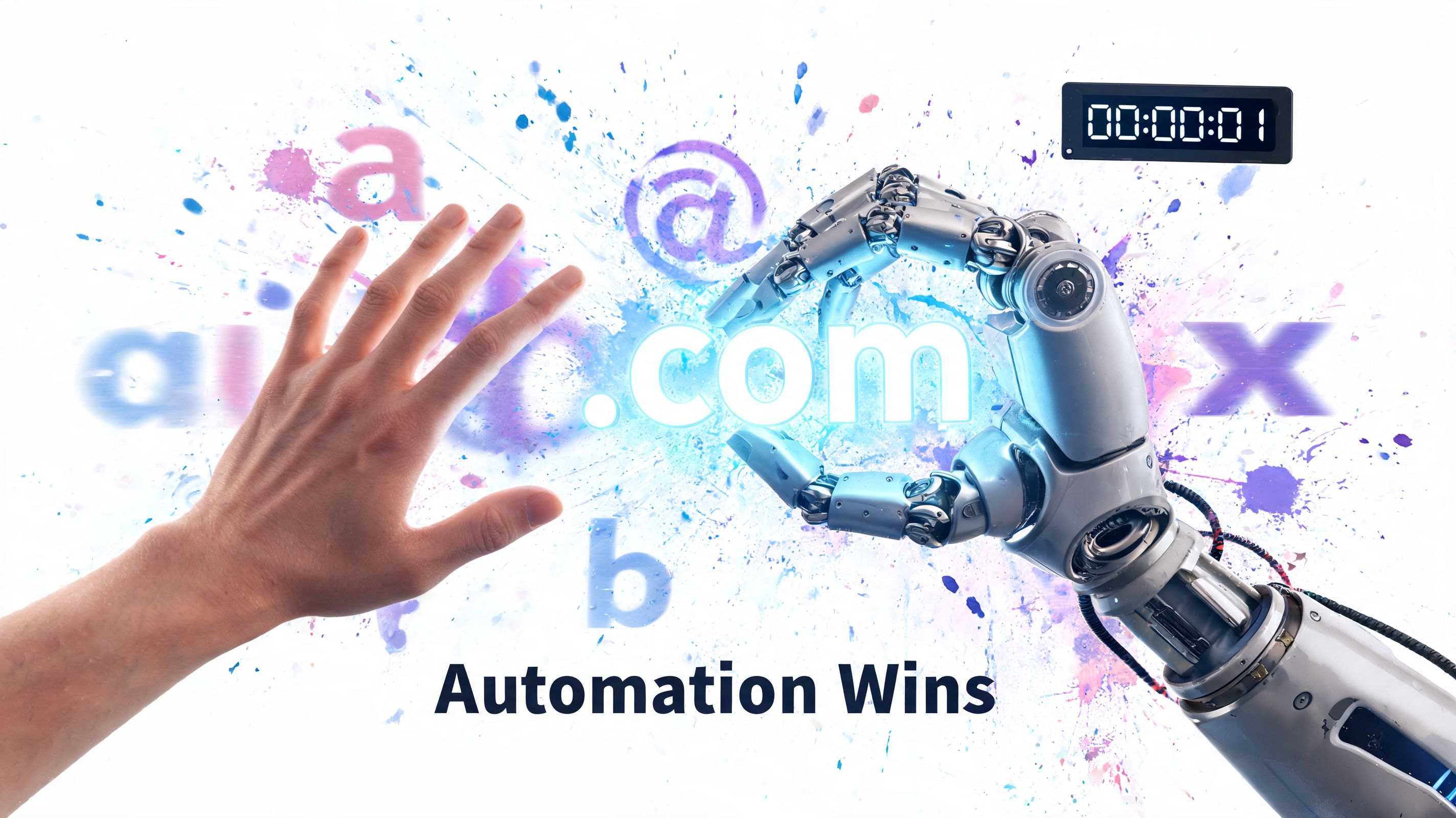 A human hand and a robotic hand reaching for a digital .com domain on a colorful background.