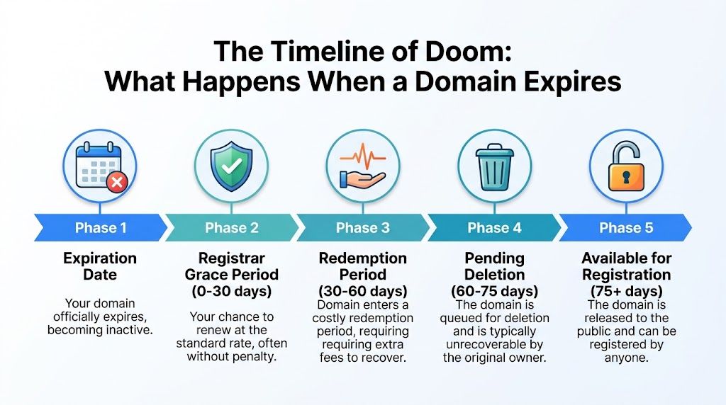 A diagram illustrating the five-phase timeline and consequences that occur when a domain name registration expires.