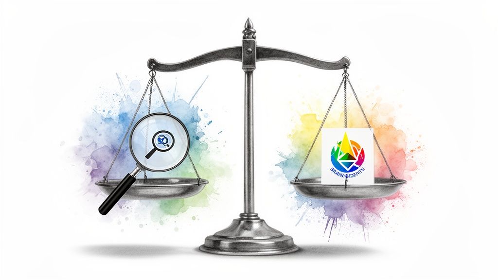 A balance scale weighing a magnifying glass over a logo against a colorful brand identity card.