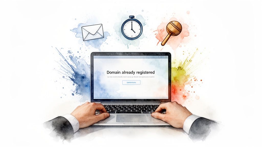 Watercolor illustration: hands on laptop, 'Domain already registered' message, with email, stopwatch, and gavel.