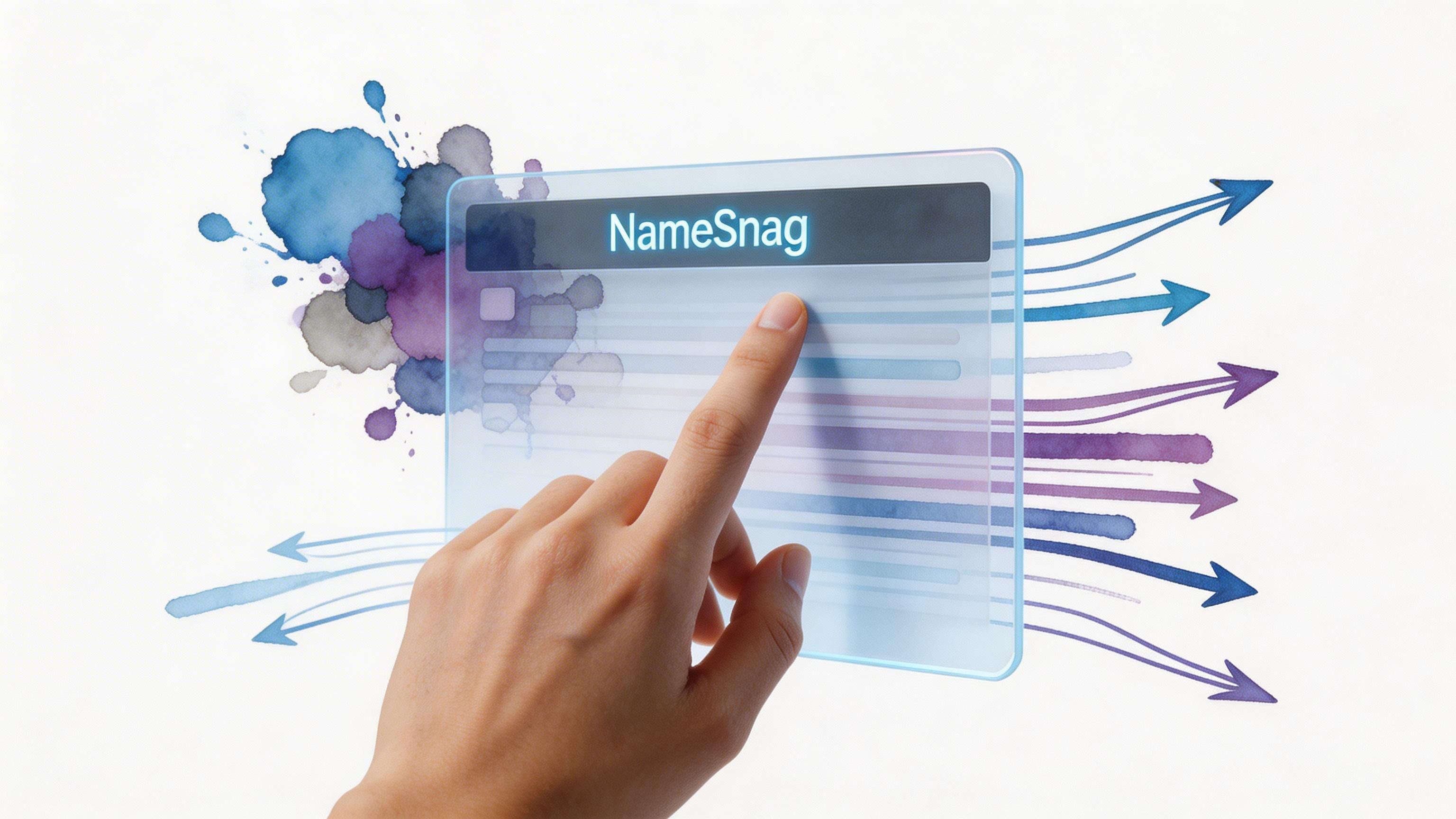 A hand interacts with a digital interface labeled NameSnag, illustrating the concept of redirecting traffic from expired domains.