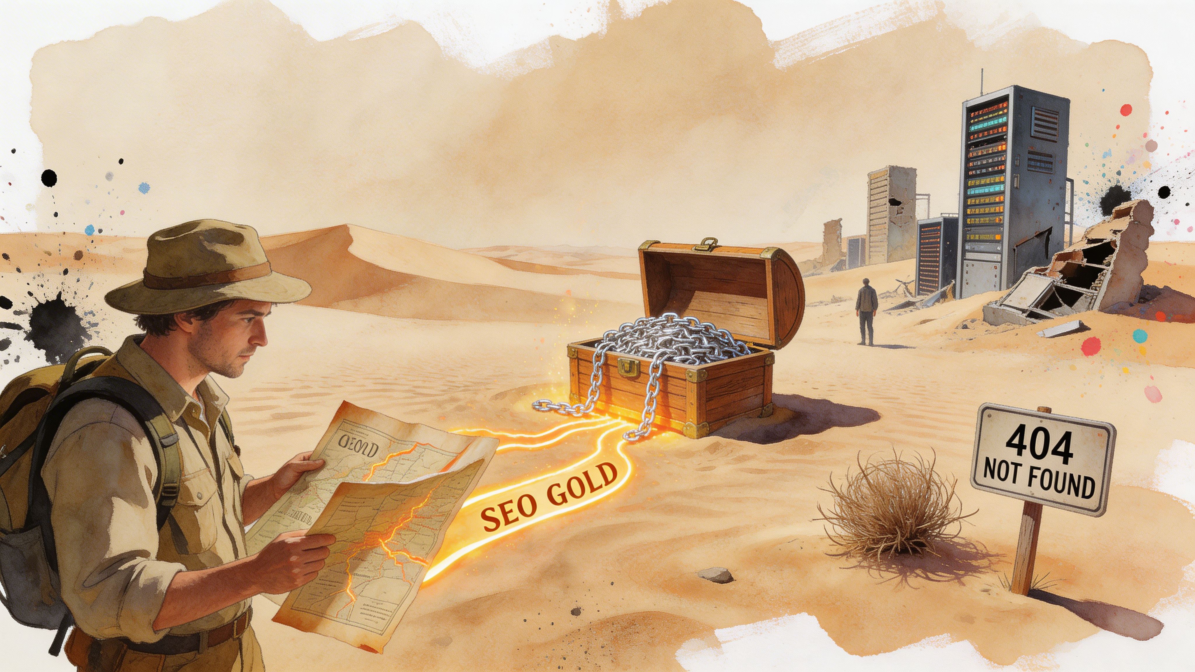 An explorer in a desert finds a treasure chest filled with chains instead of gold near servers.