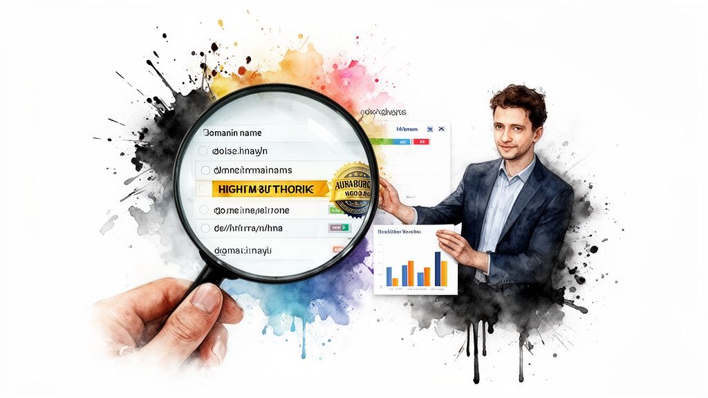 A man in a suit points at data, while a magnifying glass highlights domain search results, suggesting SEO analysis.