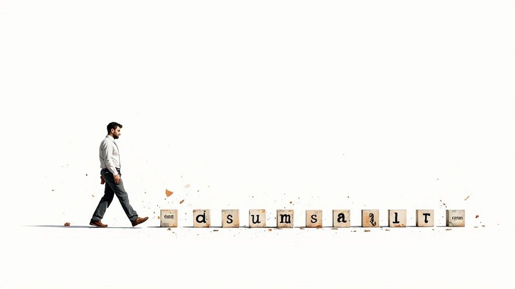 A man in a shirt and tie walks over crumbling letter blocks spelling 'adsum salt'.