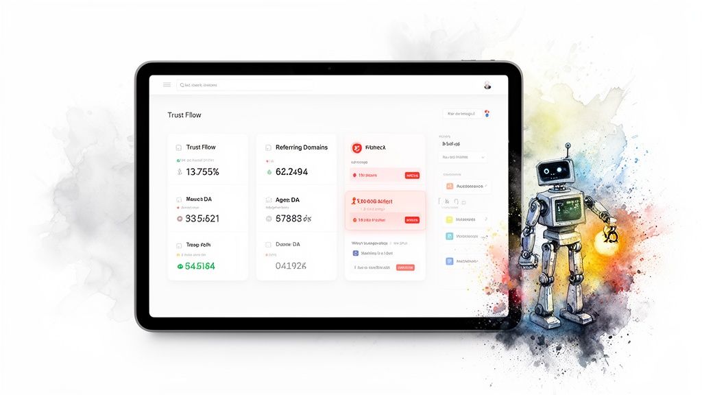 A tablet displaying a detailed domain name analysis dashboard next to a watercolor robot.