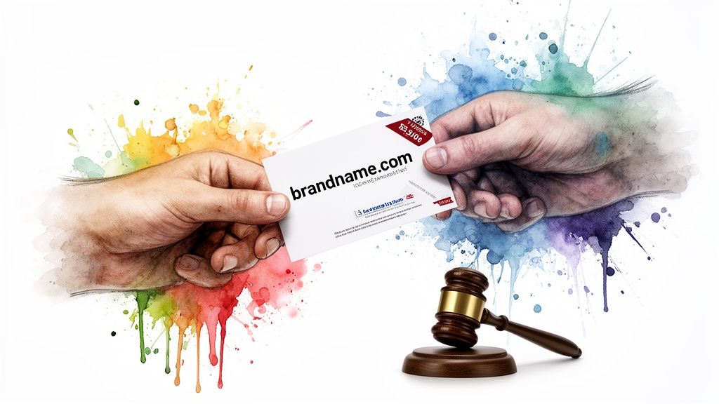 Two hands exchanging a business card with 'brandname.com' and a judge's gavel.
