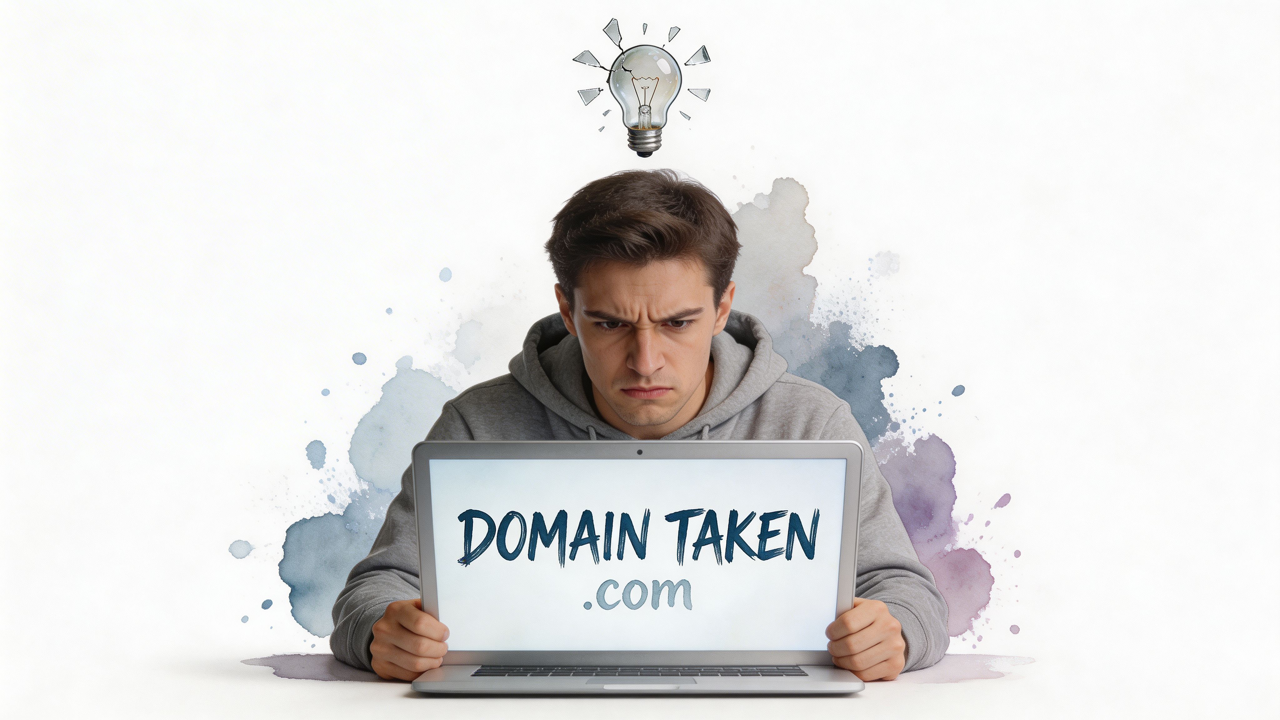 A frustrated young man looking at a laptop screen showing the text domain taken dot com