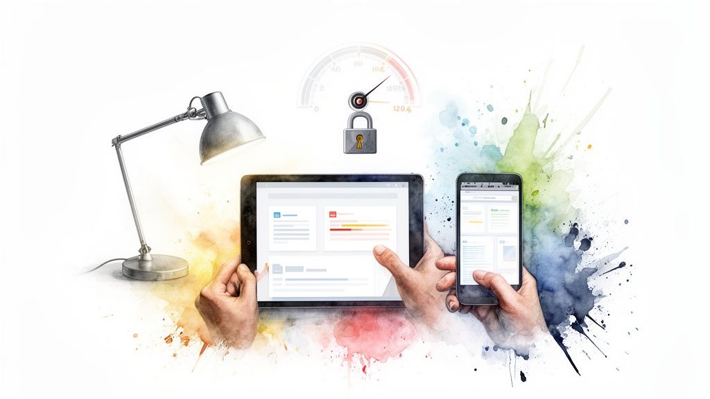 Hands using a tablet and smartphone with a desk lamp, security lock, and speed gauge.